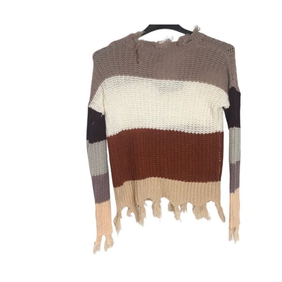 Destructed Sweater Womens  Medium Fringe Chunky Knit Striped Colorblock V-Neck - Picture 8 of 13